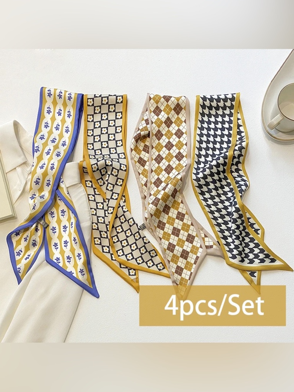NWT Retro Skinny Scarf Set • French Girl Twilly Bundle • Mod Floral & Argyle